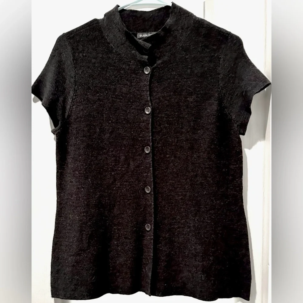 Eileen Fisher Short Sleeve Mock Neck Extra Fine Merino Wool Button Up Cardigan